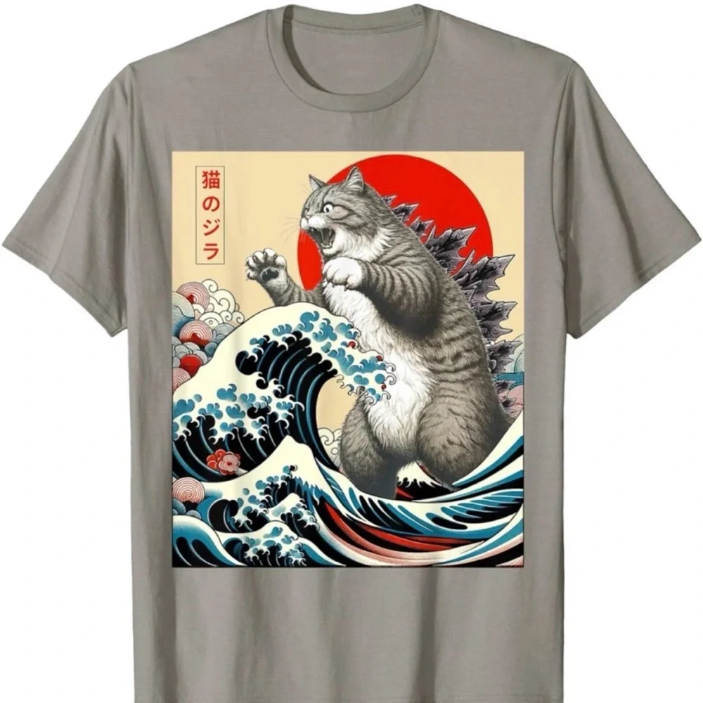 Gray Cat Wave Graphic T-Shirt - Unbranded small